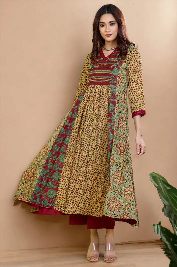 Viridian Roses Cotton V-Neck Panel Anarkali