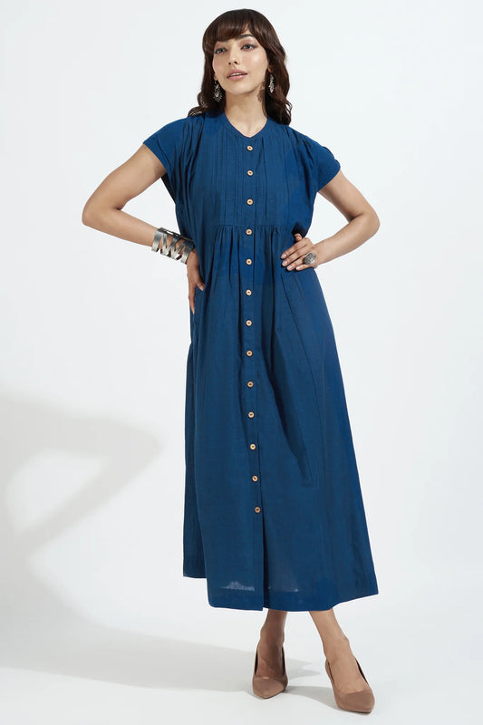 BUTTON DOWN PINTUCK DRESS - DREAMING IN SAPPHIRE