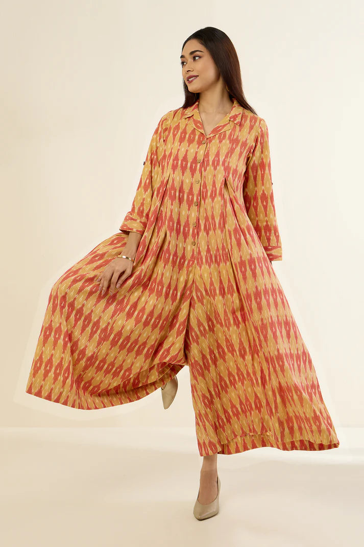 Pastel Orange Ochre Streaks Jumpsuit With Pockets & Collar