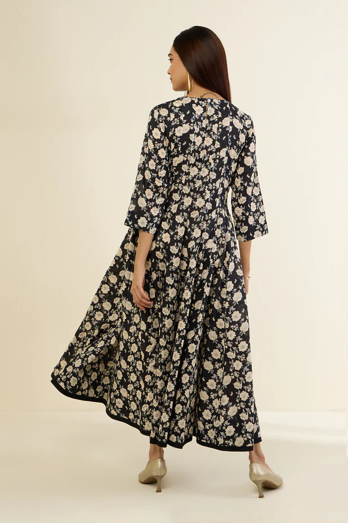 Black & Ivory Floral Enchantment Long Swirl Dress