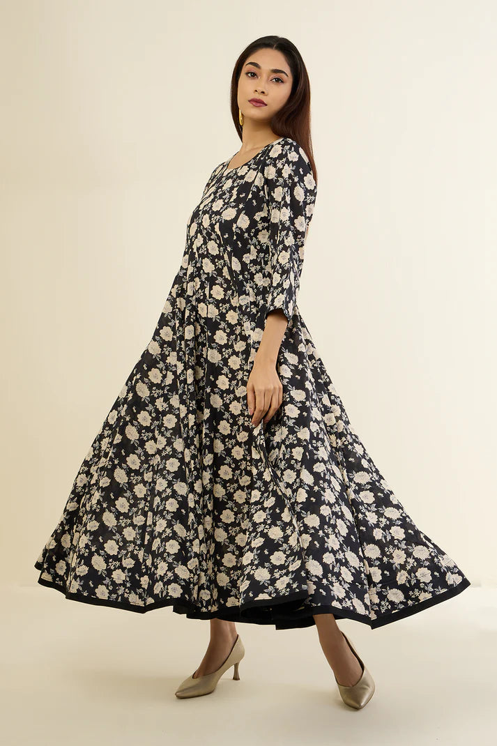 Black & Ivory Floral Enchantment Long Swirl Dress