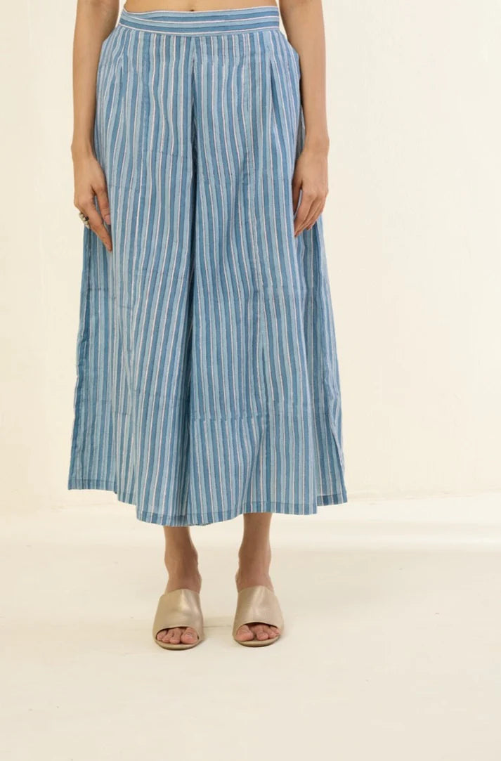 Box Pleated Culotte - Blue Grey Printed Stripes