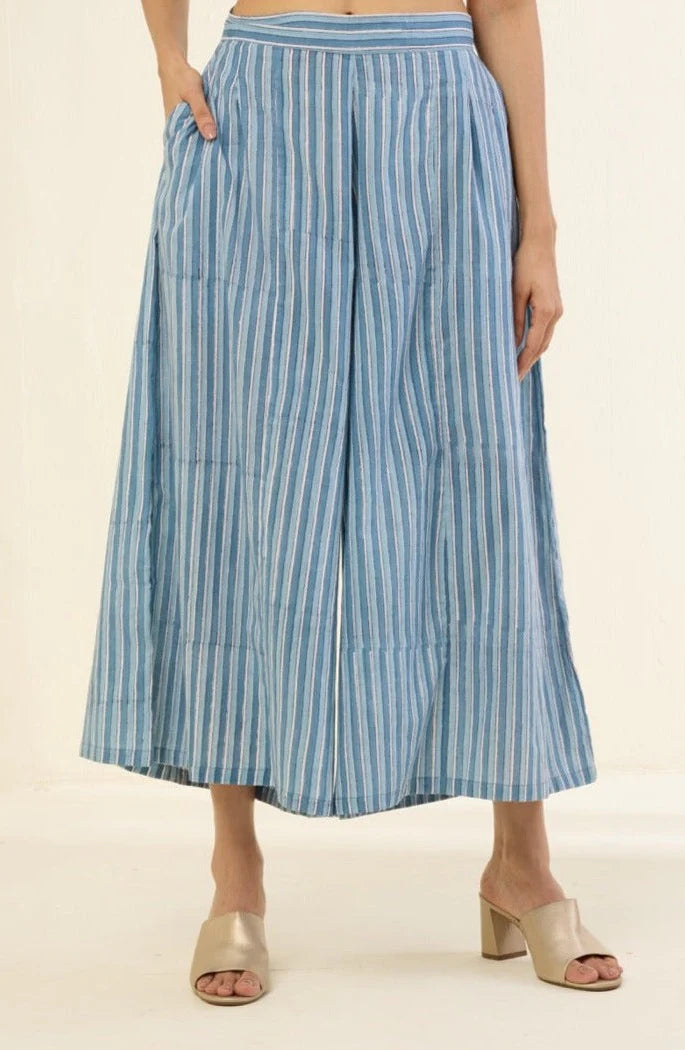 Box Pleated Culotte - Blue Grey Printed Stripes