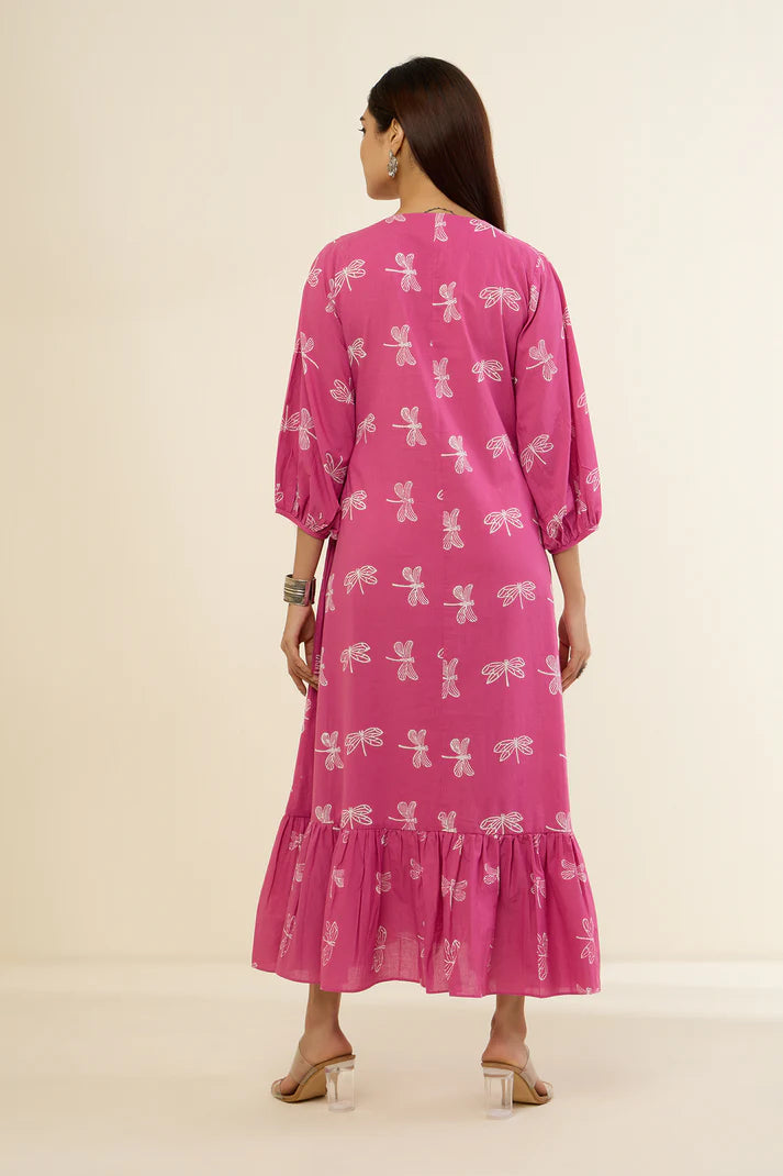 Pink & Dragonflies Dance Midi Dress With Ruffle Border