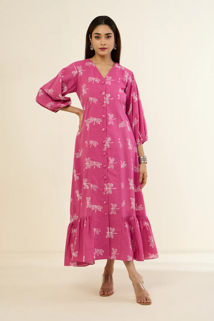 Pink & Dragonflies Dance Midi Dress With Ruffle Border