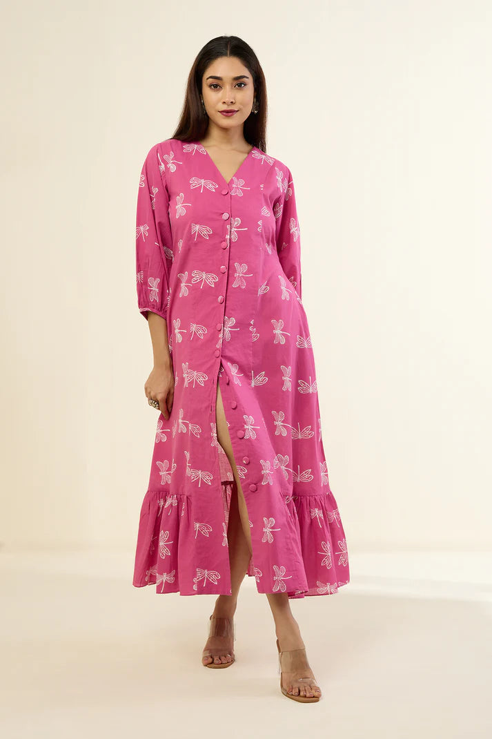 Pink & Dragonflies Dance Midi Dress With Ruffle Border