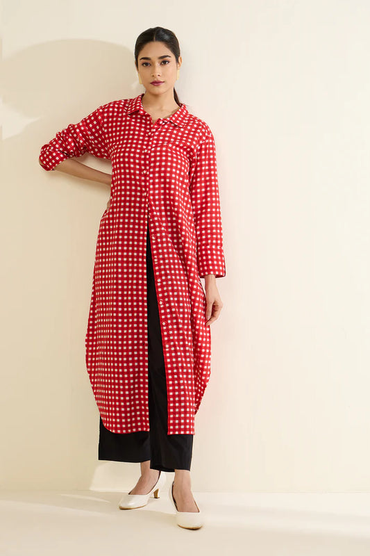 Cherry Chekered Long Shirt Dress