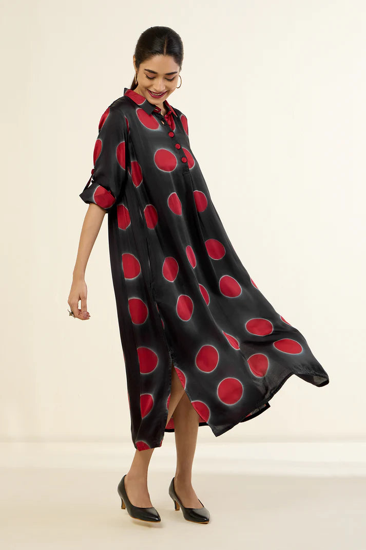 Ebony Scarlet Orbs Long Shirt Dress