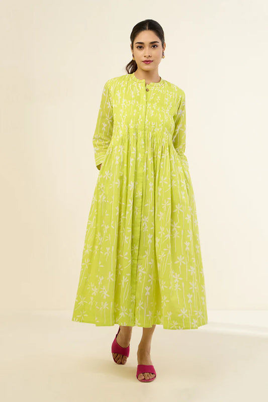 Zesty Lime Flower Bouquet Infinity Cotton Pintuck Dress