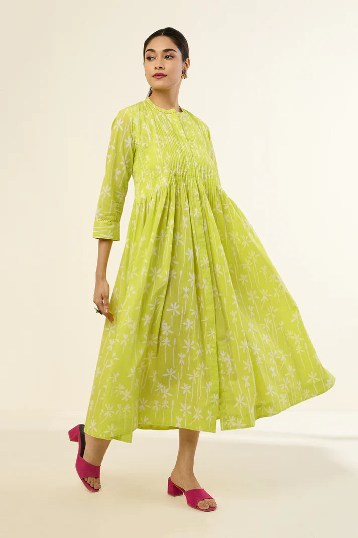 Zesty Lime Flower Bouquet Infinity Cotton Pintuck Dress