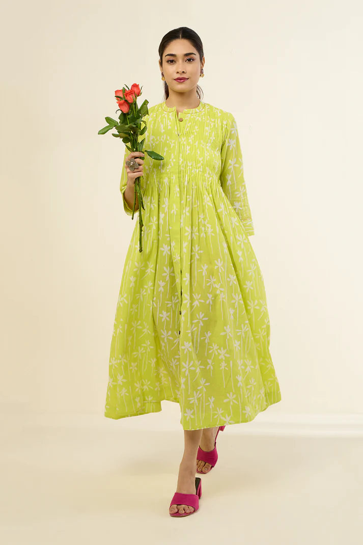 Zesty Lime Flower Bouquet Infinity Cotton Pintuck Dress