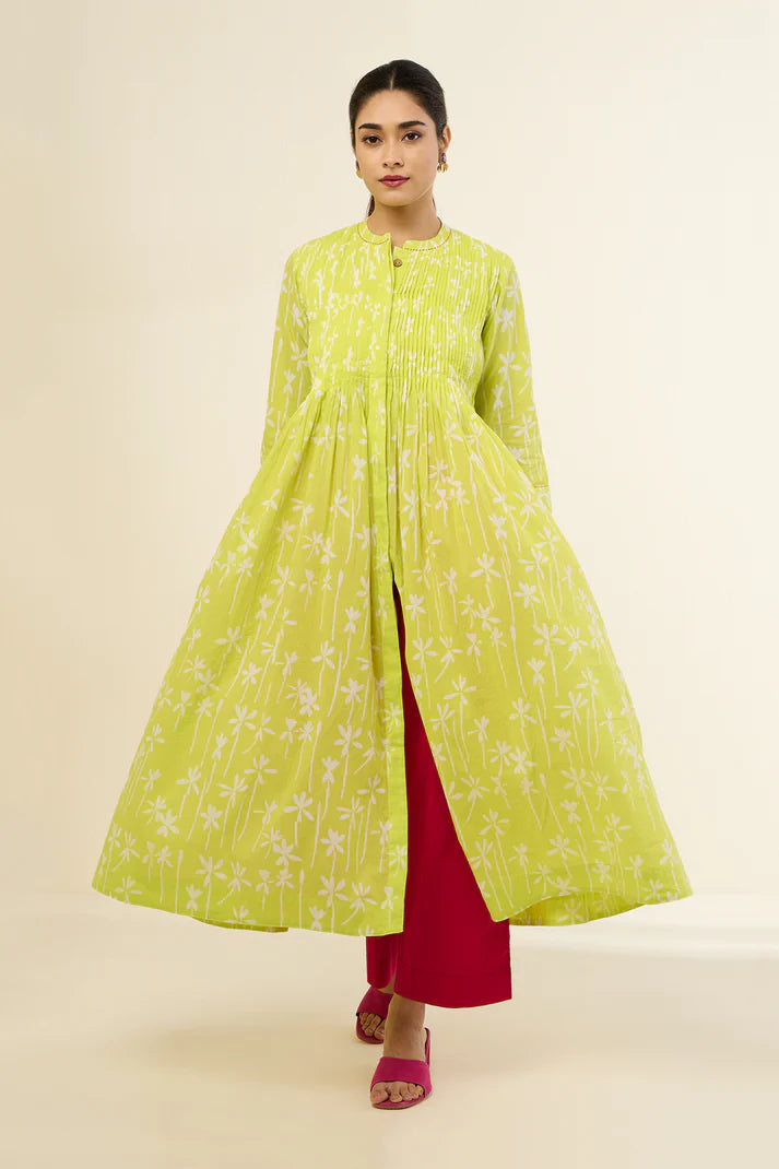 Zesty Lime Flower Bouquet Infinity Cotton Pintuck Dress