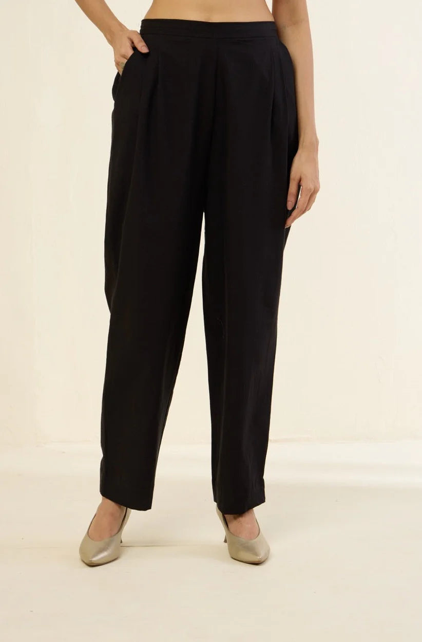 Comfort Fit Pleated Front Pants - Black Cotton