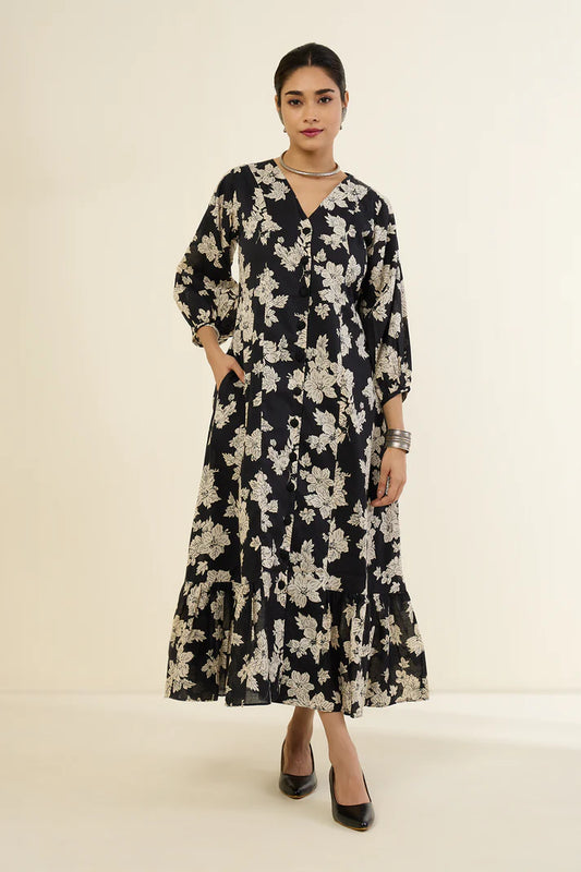 Monochrome Peony Midi Dress With Ruffle Border