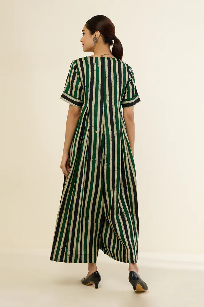 Vibrant Emerald Blue Stripes  Cotton Jumpsuit With Pockets & Front Opening