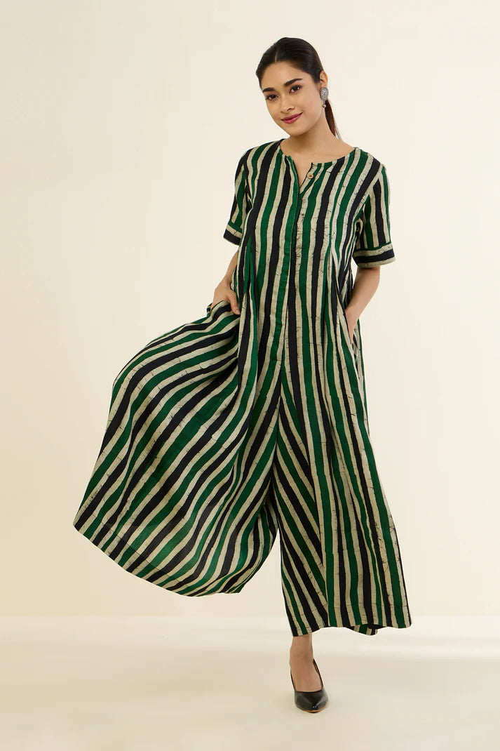 Vibrant Emerald Blue Stripes  Cotton Jumpsuit With Pockets & Front Opening