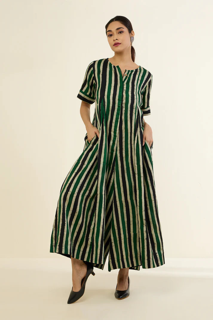 Vibrant Emerald Blue Stripes  Cotton Jumpsuit With Pockets & Front Opening