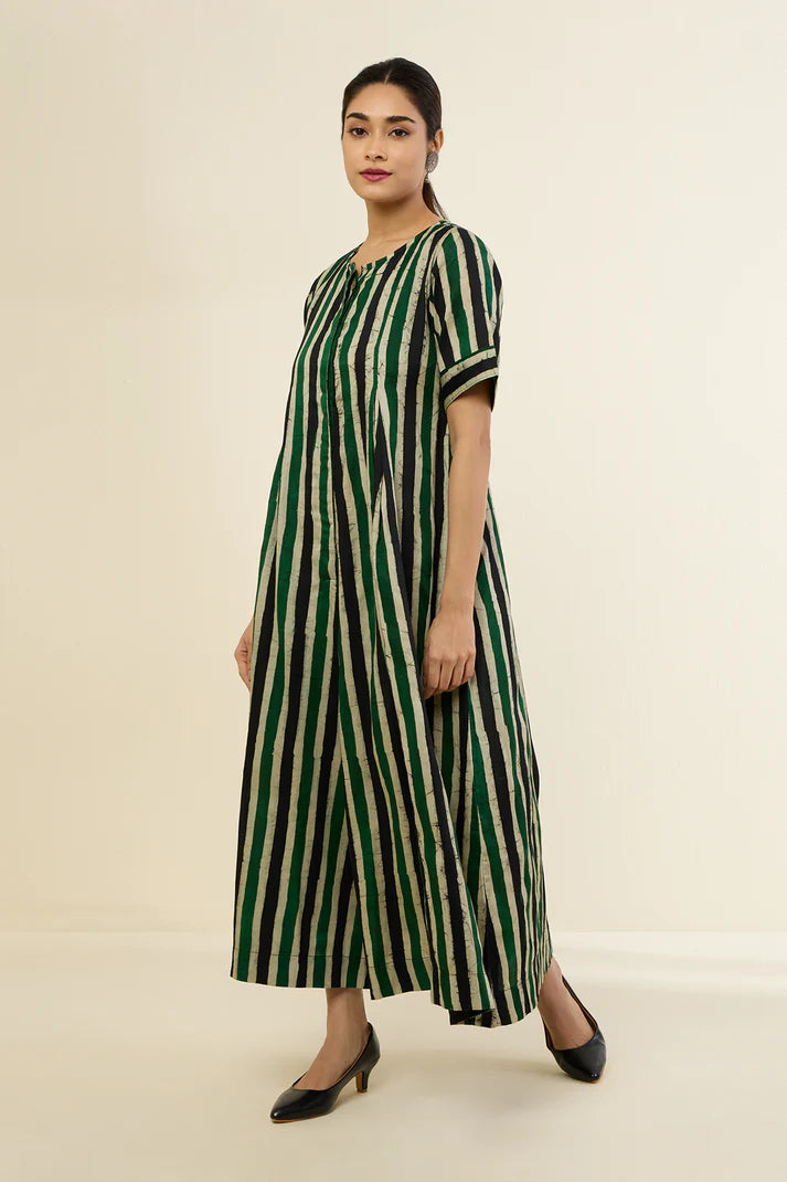 Vibrant Emerald Blue Stripes  Cotton Jumpsuit With Pockets & Front Opening