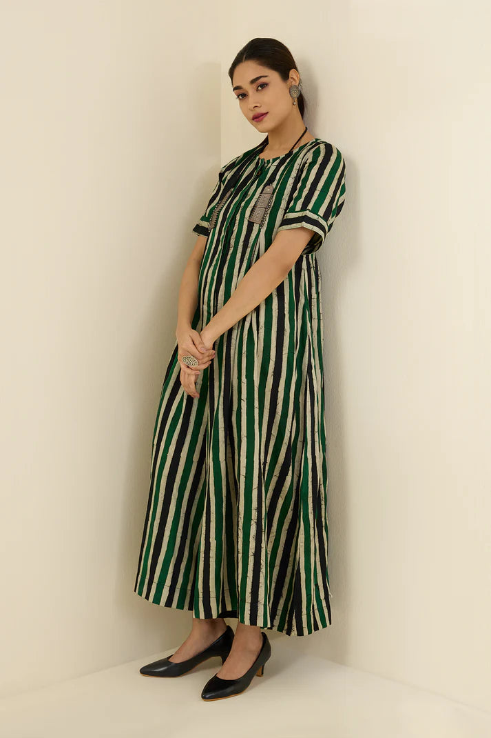 Vibrant Emerald Blue Stripes  Cotton Jumpsuit With Pockets & Front Opening