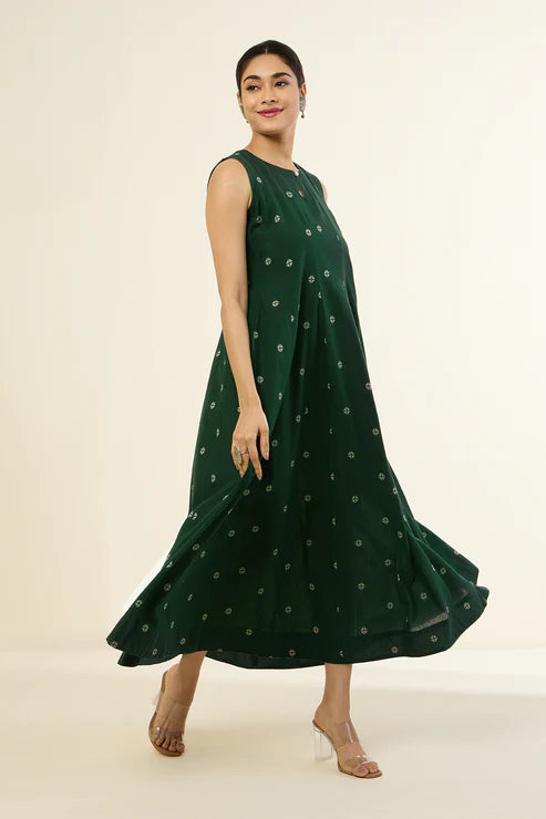 Mystic Green & Parijat Long Sleeveless Dress