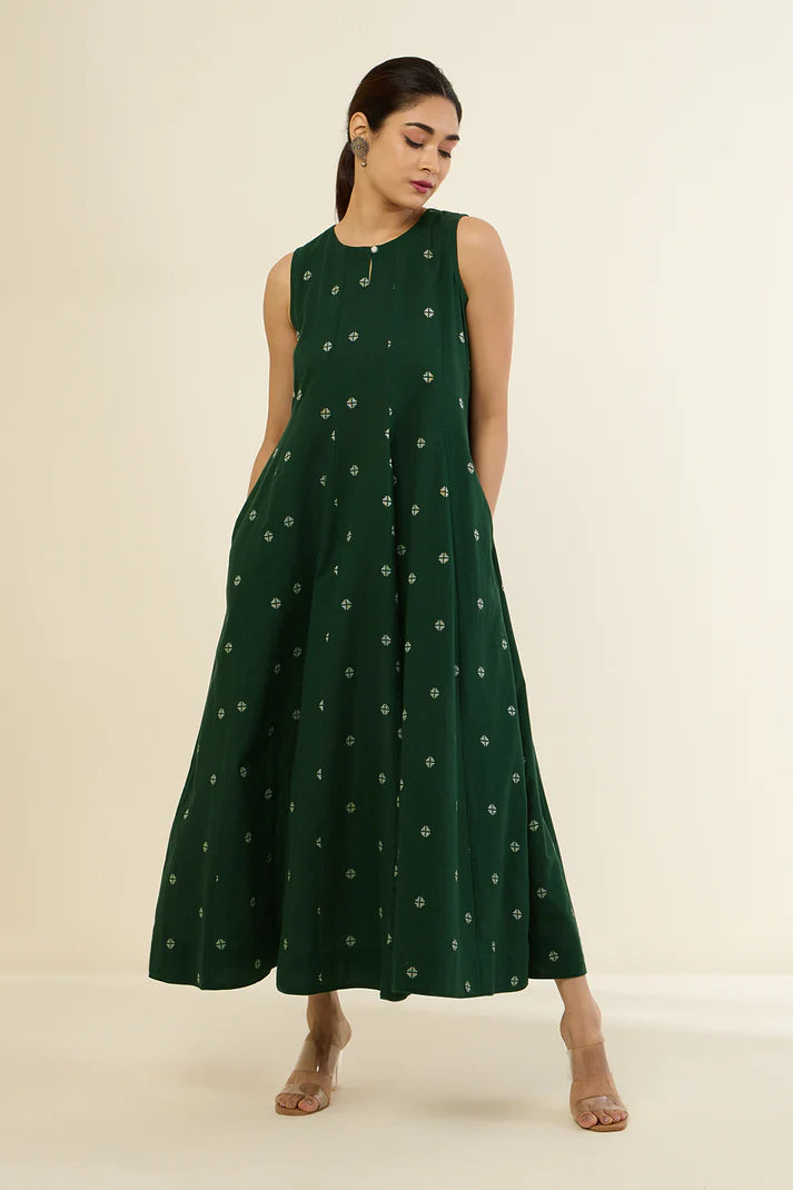 Mystic Green & Parijat Long Sleeveless Dress