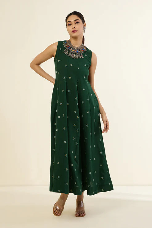 Mystic Green & Parijat Long Sleeveless Dress