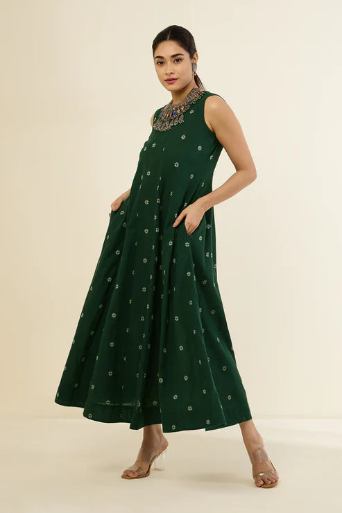 Mystic Green & Parijat Long Sleeveless Dress