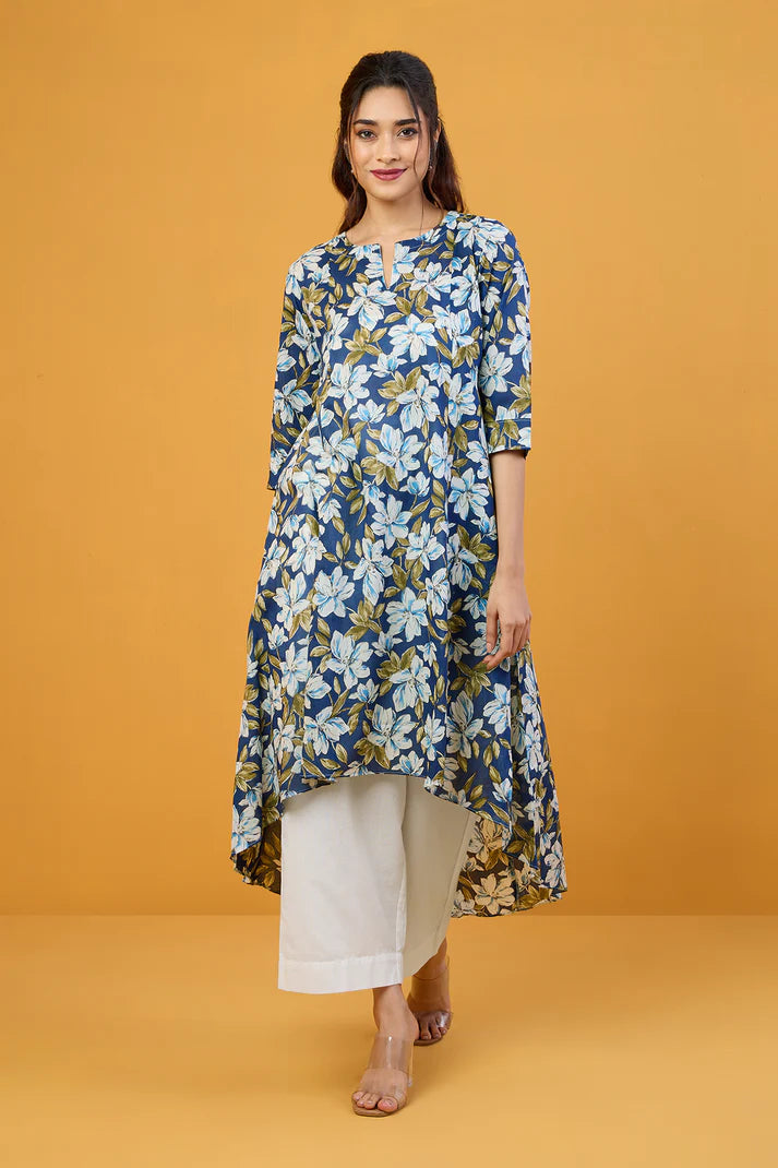 Blue Iris White Blooms Asymmetrical Waterfall Kurta