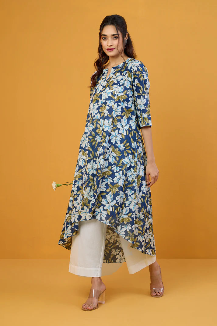 Blue Iris White Blooms Asymmetrical Waterfall Kurta