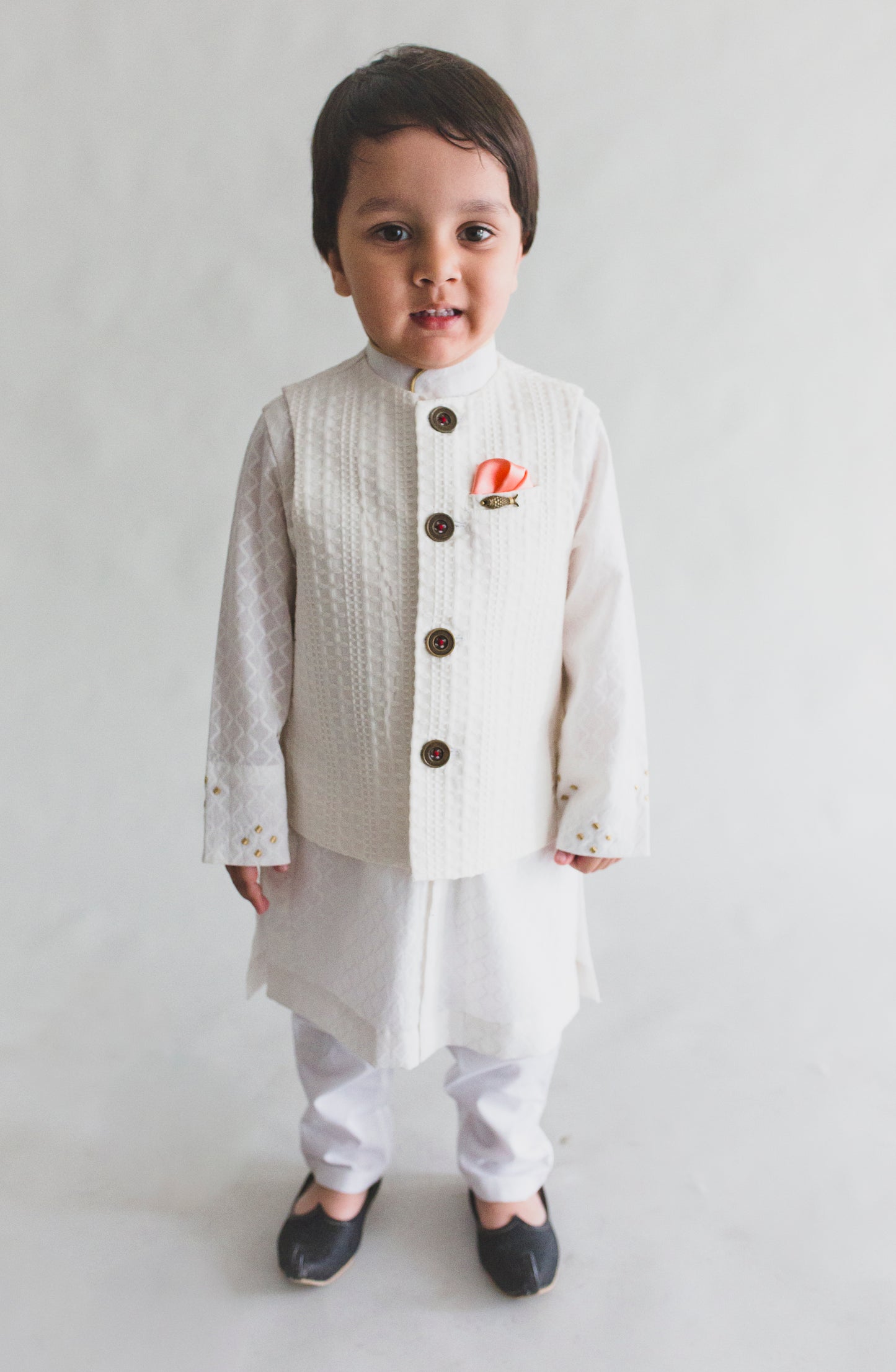 Boys White Jacquard Kurta Set