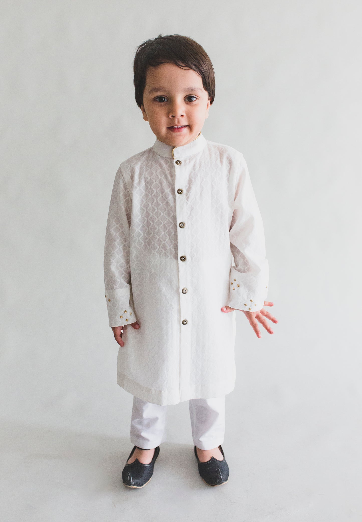 Boys White Jacquard Kurta Set