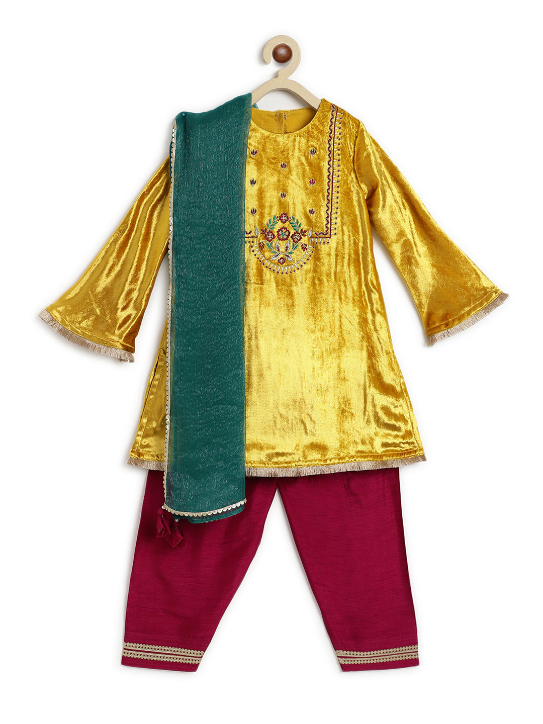 Noor Velvet Suit for Girls - Yellow