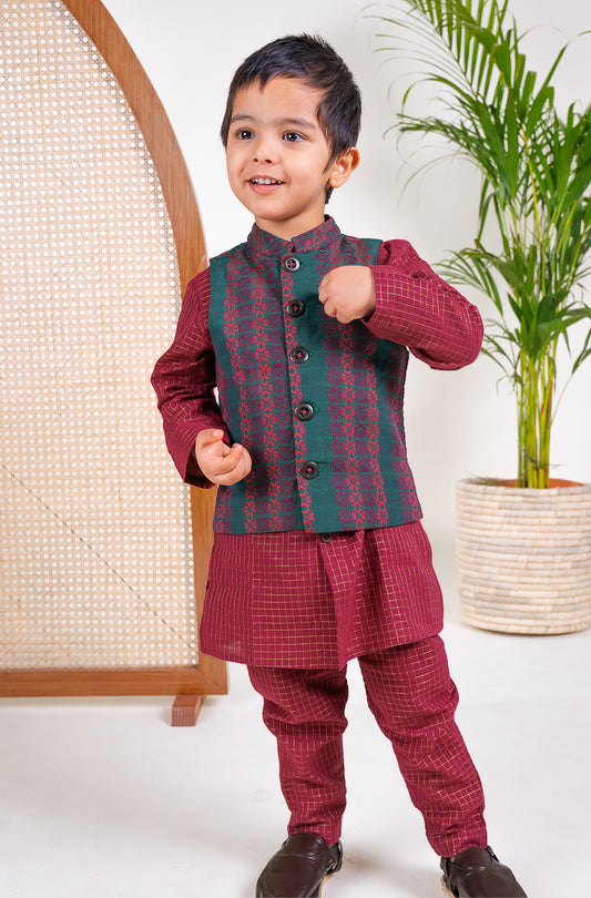 Jacquard Multi 3 Pc Bundi Set - Maroon