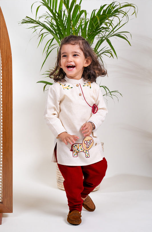 Lion Kurta Pyjama Set - Cream