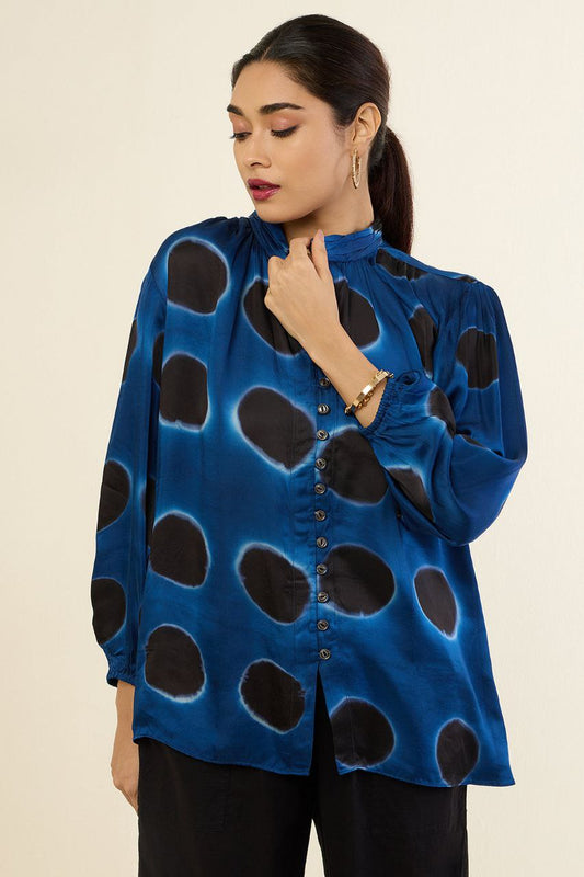 Indigo Noir Circles Button Down Top (Cotton Satin)