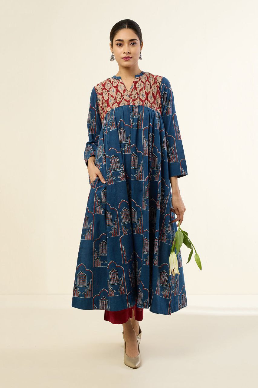 Regal Indigo Mughal Pintuck Yoke Anarkali