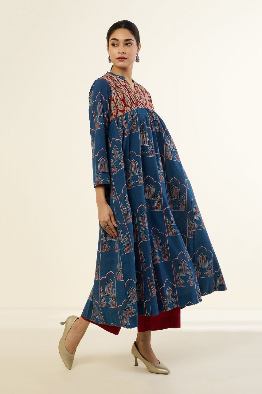 Regal Indigo Mughal Pintuck Yoke Anarkali