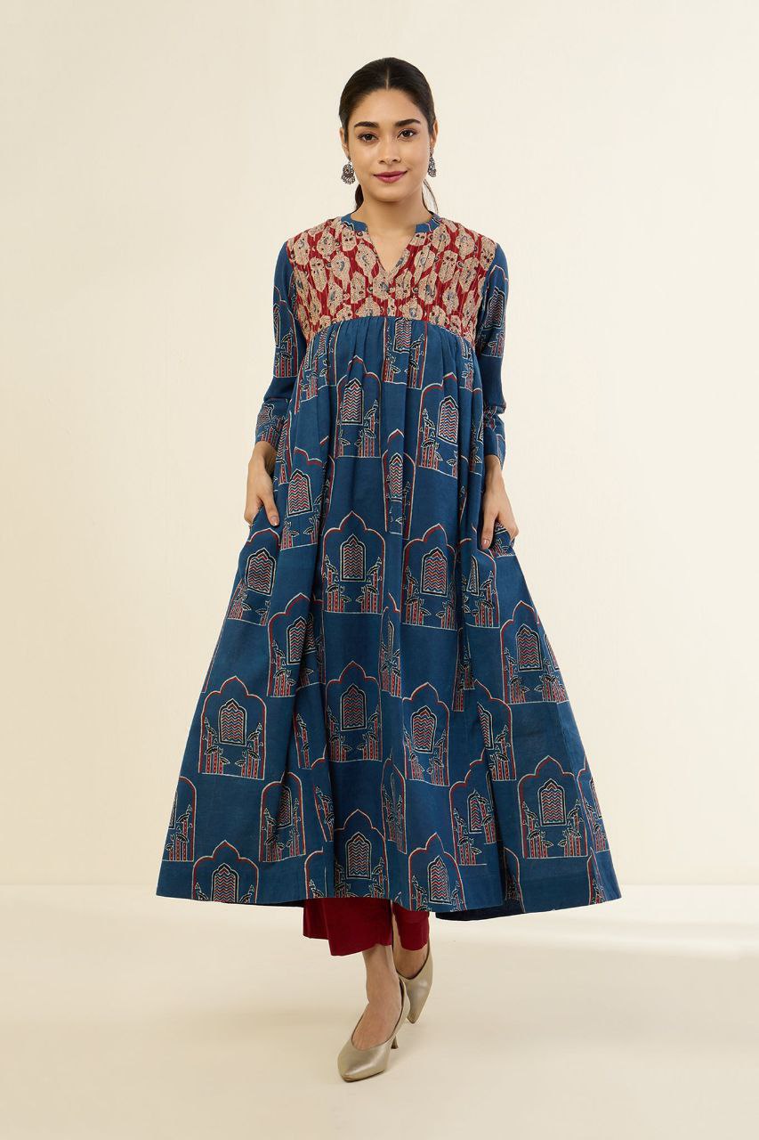 Regal Indigo Mughal Pintuck Yoke Anarkali