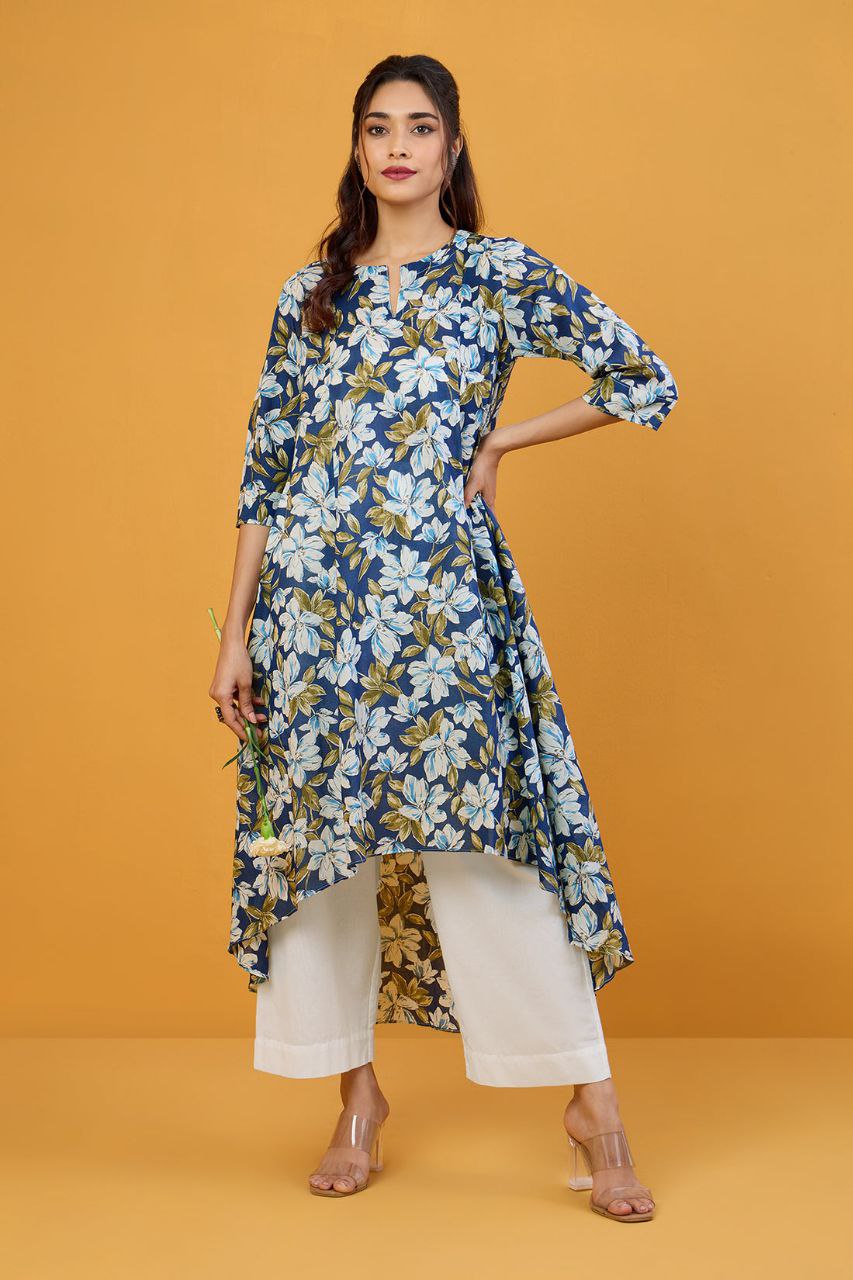 Blue Iris White Blooms Asymmetrical Waterfall Kurta