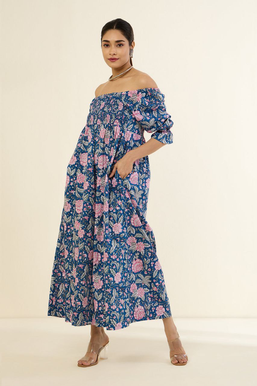 Azure Blush & Enchanted Garden Off Shoulder Smocked Jumpsuit