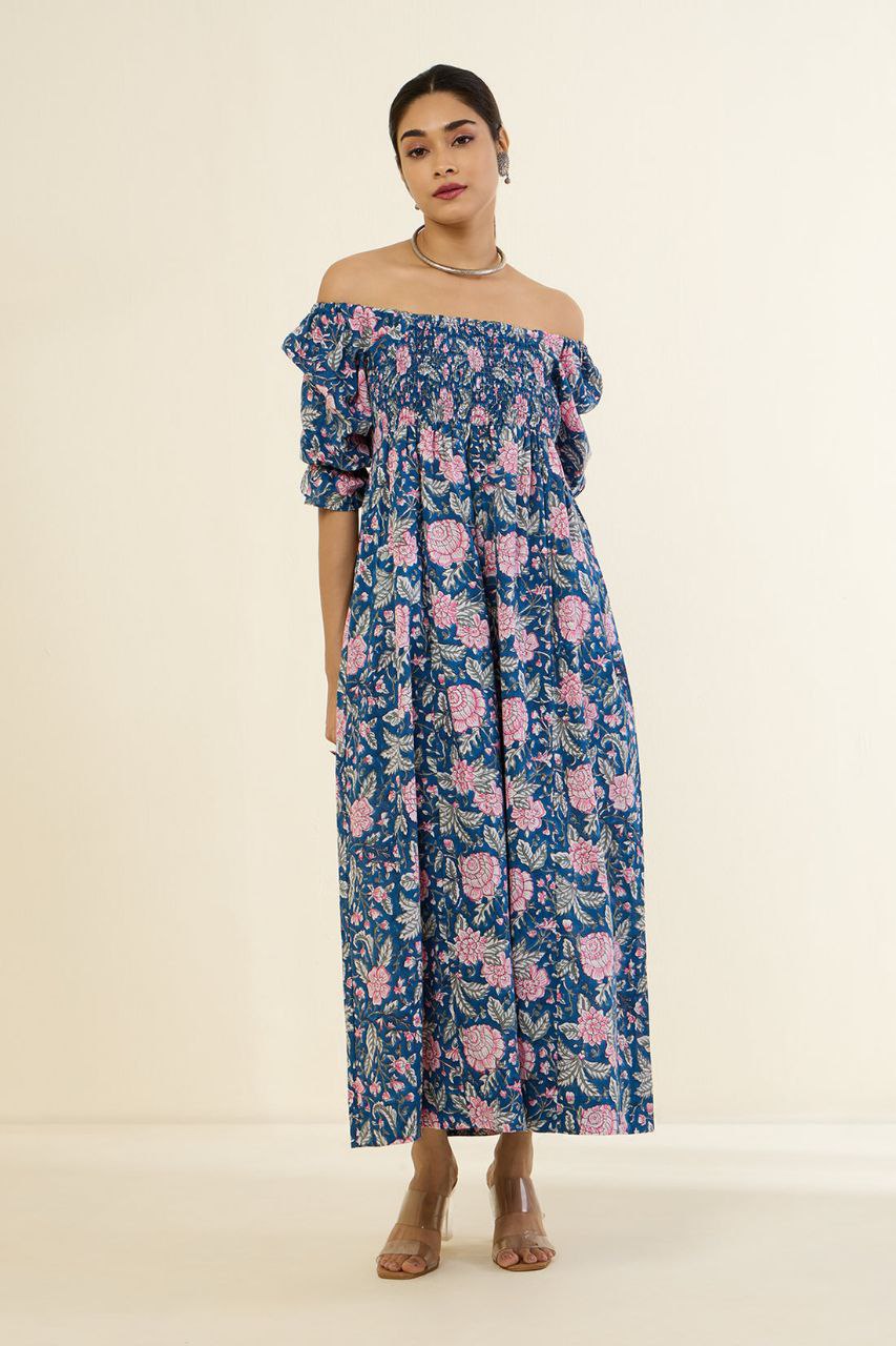 Azure Blush & Enchanted Garden Off Shoulder Smocked Jumpsuit