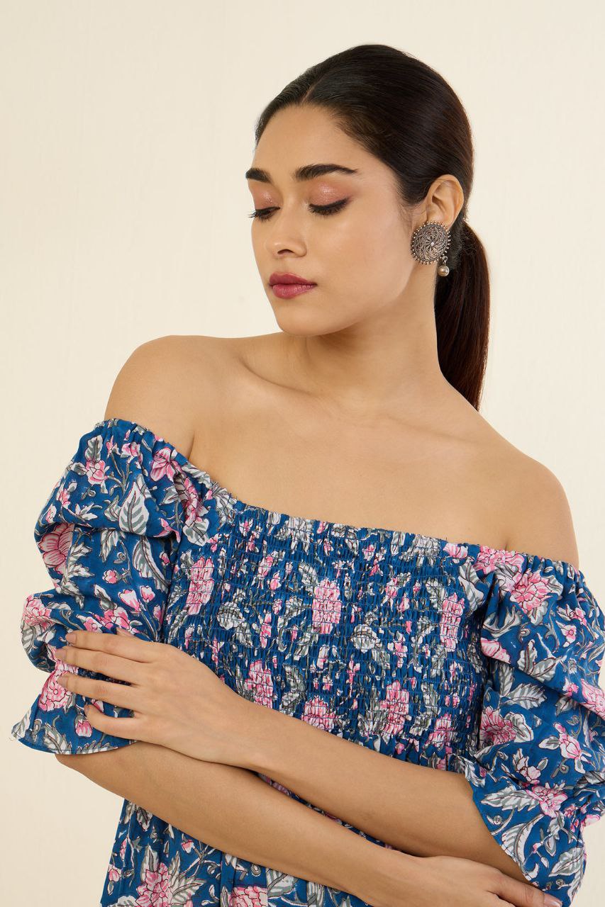 Azure Blush & Enchanted Garden Off Shoulder Smocked Jumpsuit