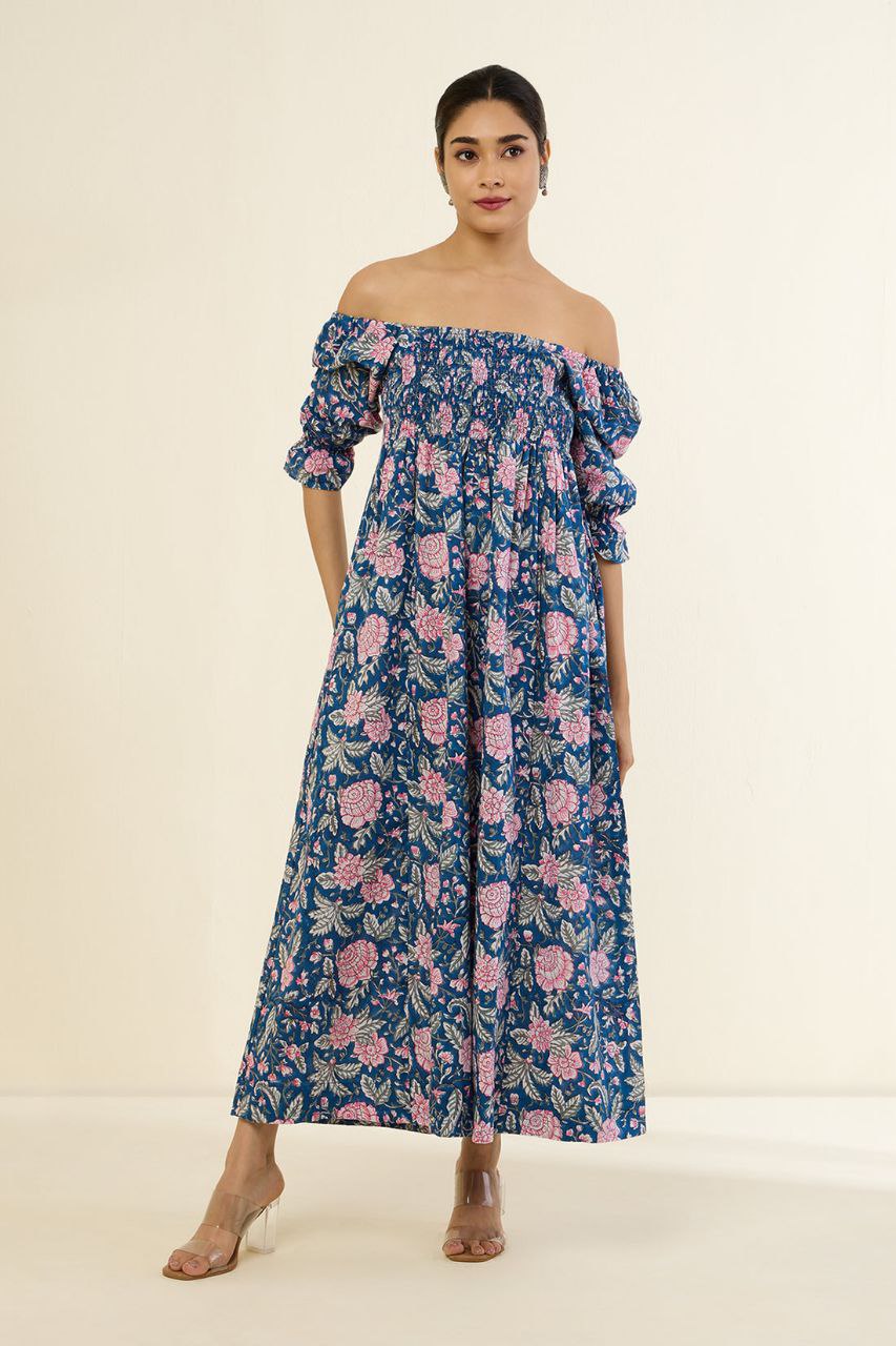 Azure Blush & Enchanted Garden Off Shoulder Smocked Jumpsuit