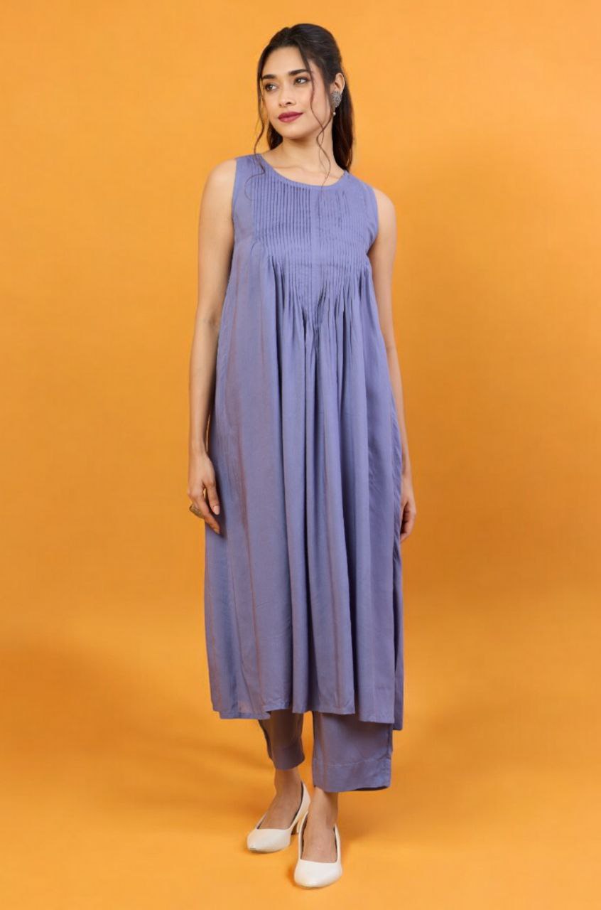 Rich Lavender Pintuck Sleeveless Dress  Regular