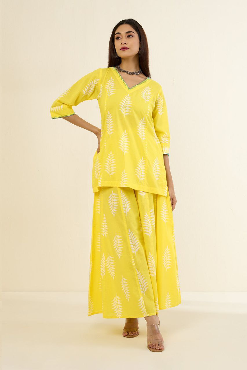 Co-Ord Set Pop Yellow Camellia Bloom Tunic & Sharara (Set Of 2)