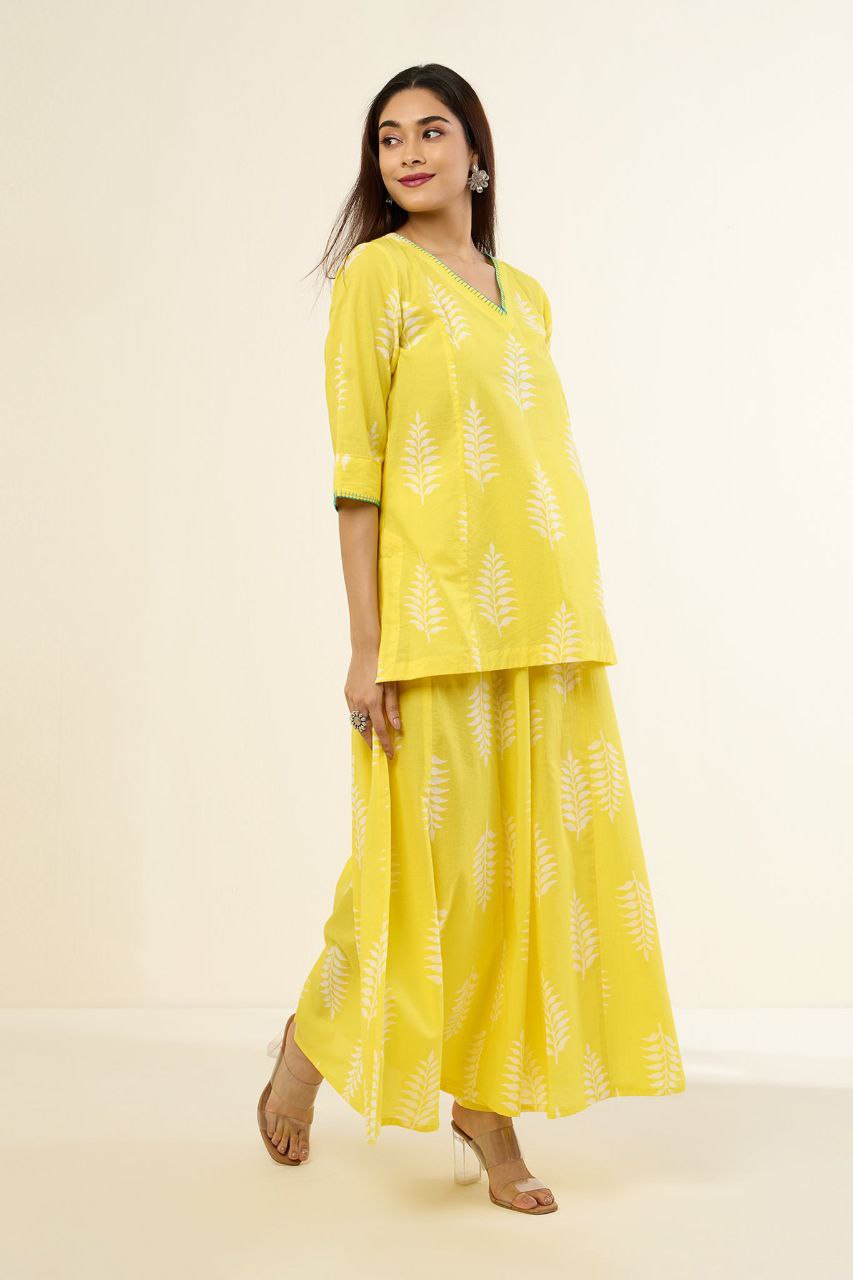 Co-Ord Set Pop Yellow Camellia Bloom Tunic & Sharara (Set Of 2)