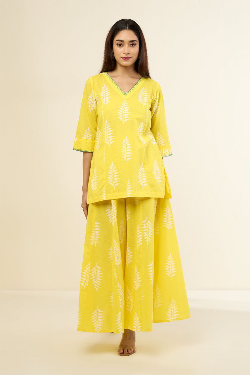 Co-Ord Set Pop Yellow Camellia Bloom Tunic & Sharara (Set Of 2)