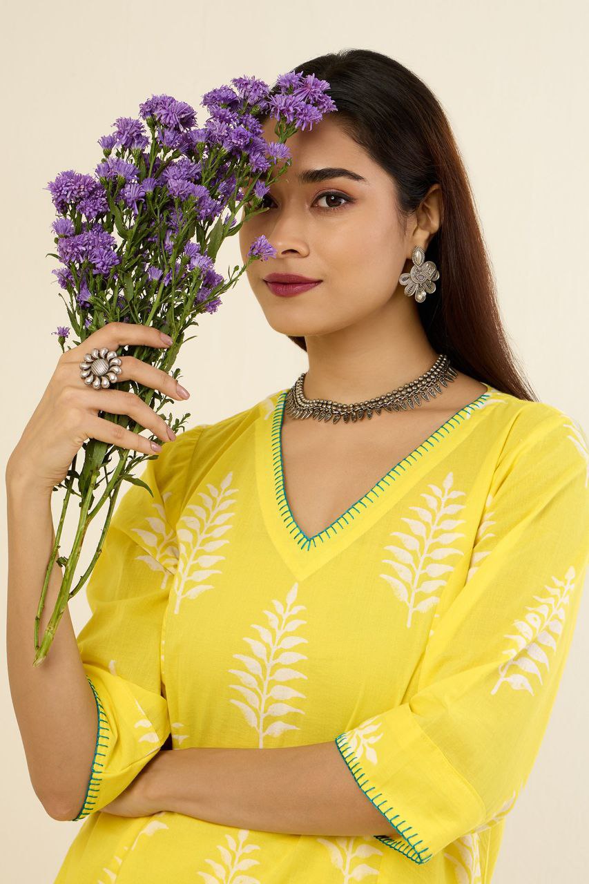 Co-Ord Set Pop Yellow Camellia Bloom Tunic & Sharara (Set Of 2)